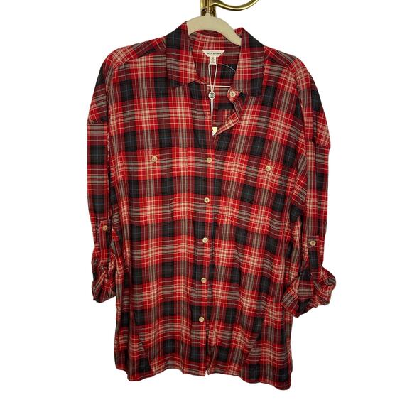 Max Studio Tops - Max Studio Flannel Button Down Shirt Roll Tab Long Sleeve Plaid Red Black Size S